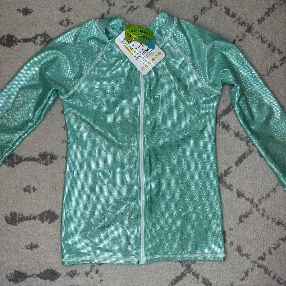 NWT FLAP HAPPY Sparkle Shimmery Teal Blue Longsleeve Rashguard Swim Beach Top